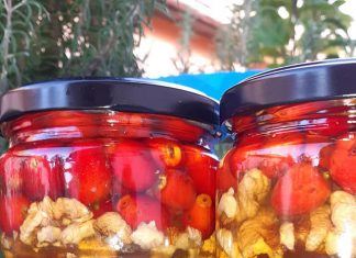 Hausgemachte Käse, saurer Salat und Kompott